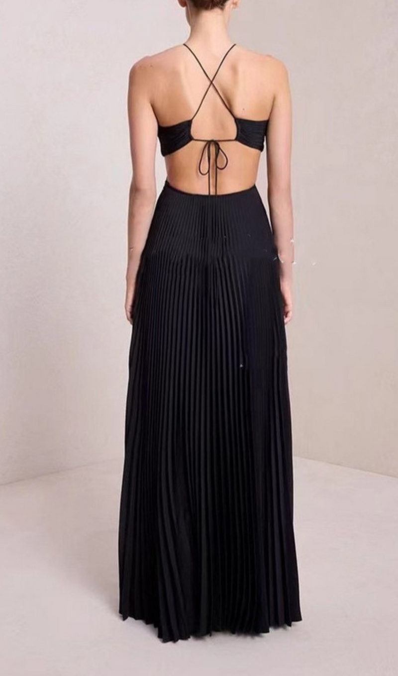 STRAP CUTOUT PLEATED MIDI DRESS