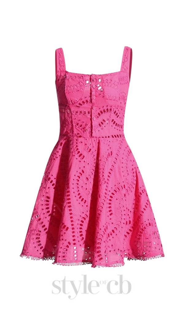 EMBROIDERED HOLLOW MINI DRESS IN HOT PINK