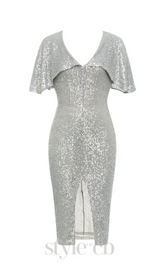 V-NECK SILVER SEQUIN SLIT BODYCON DRESS