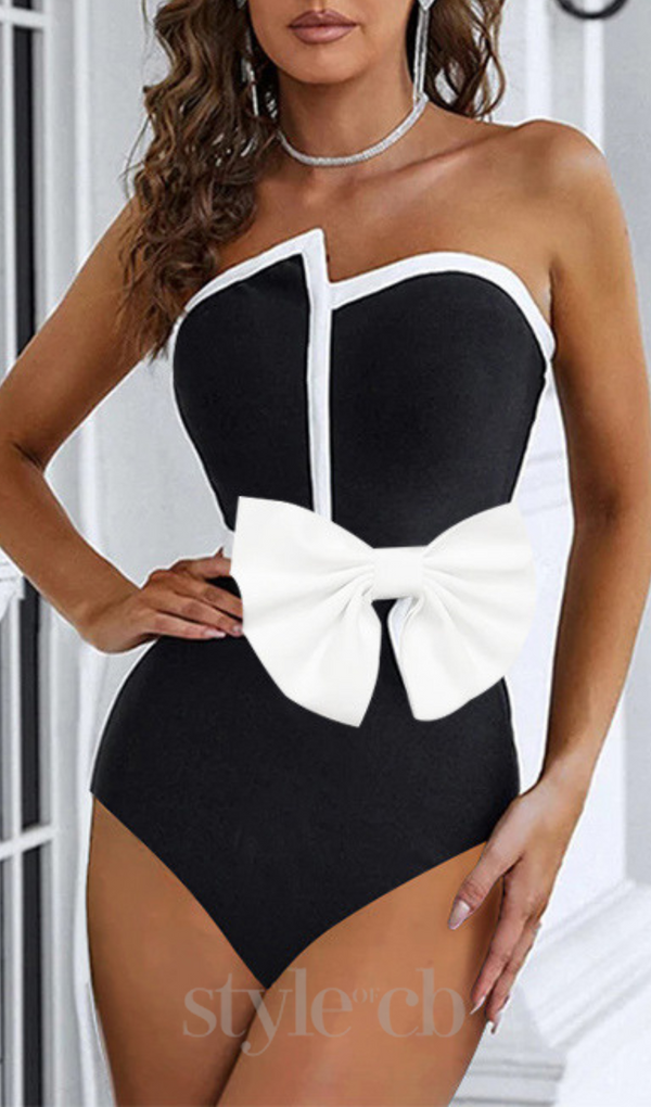 OFF SHOULDER BOW TIE ONE PIECE SWIMSUIT