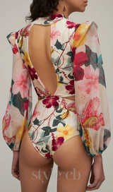 LONG SLEEVE CUTOUT FLORAL PRINT ONE PIECE SWIMSUIT
