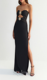 OFF-SHOULDER CRYSTAL CUTOUT BANDAGE DRESS IN BLACK