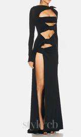 LONG SLEEVE CUTOUT SPLIT MAXI DRESS