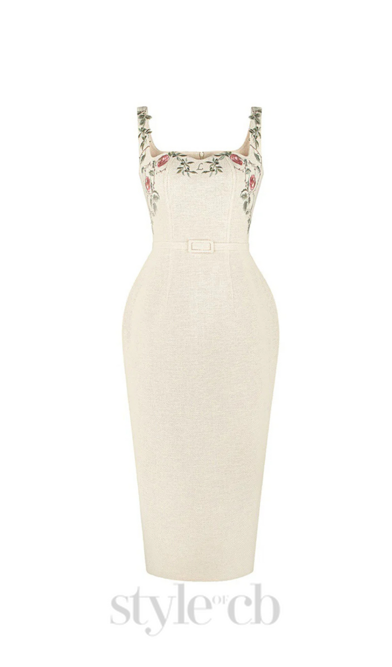 MACHINE EMBROIDERY STRAP HIP MIDI DRESS