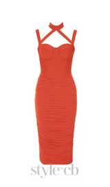 MESH RUCHED MIDI DRESS IN ORANGE