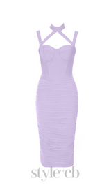 MESH RUCHED MIDI DRESS IN PURPLE