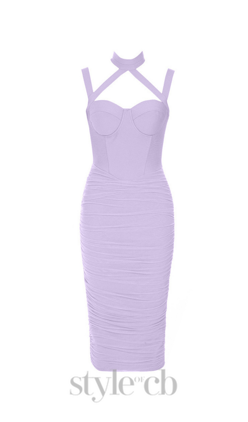 MESH RUCHED MIDI DRESS IN PURPLE