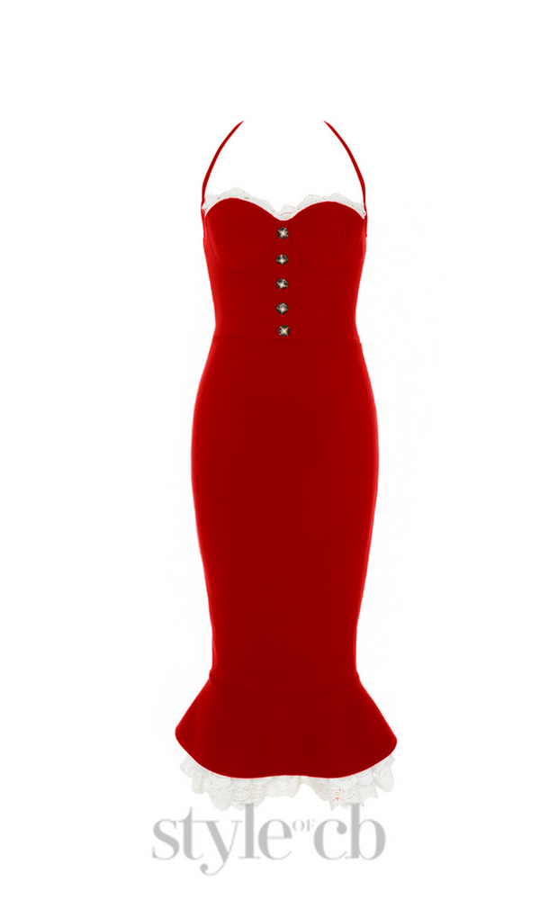 RED LACE BUTTON FRONT MERMAID HEM BANDAGE DRESS