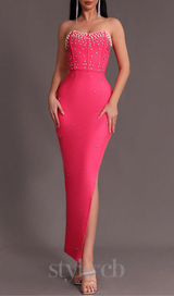 RED BEADED STRAPLESS SIDE SLIT BANDAGE DRESS