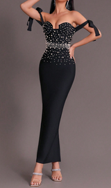 PEARL EMBELLISHED BACKLESS BODYCON MAXI DRESS