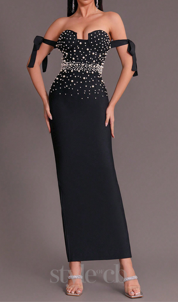 PEARL EMBELLISHED BACKLESS BODYCON MAXI DRESS