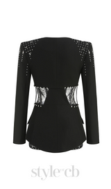 STRAPLESS JUMPSUIT LONG SLEEVE RHINESTONE BLAZER