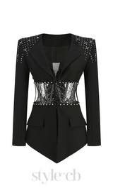 STRAPLESS JUMPSUIT LONG SLEEVE RHINESTONE BLAZER