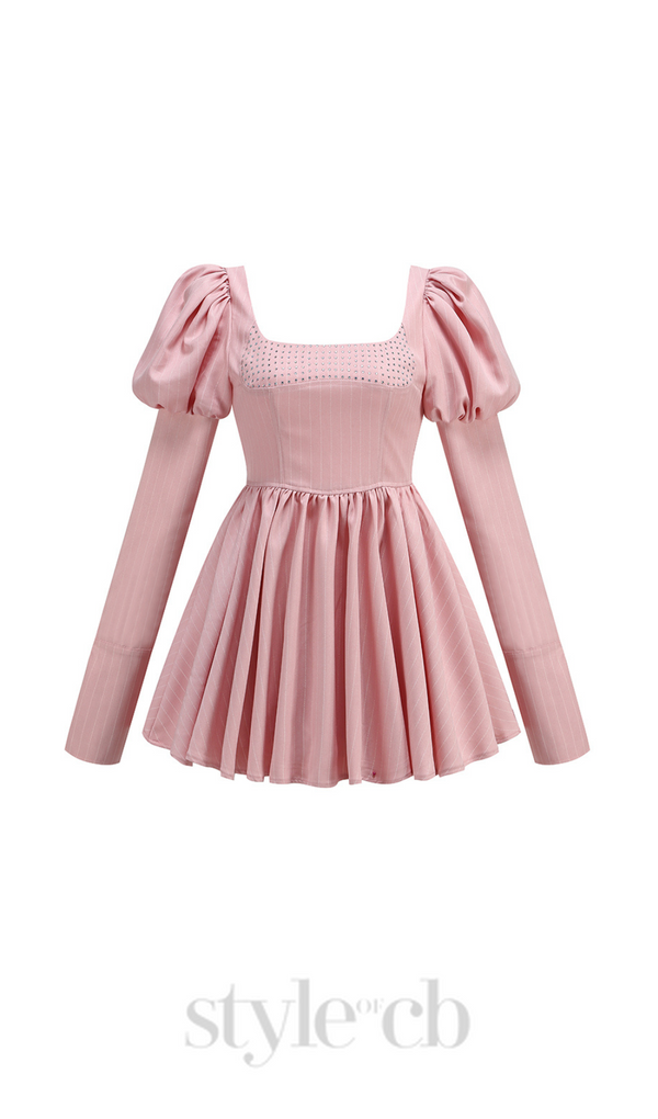 PUFF LONG SLEEVE CRYSTAL CORSET A LINE DRESS IN PINK