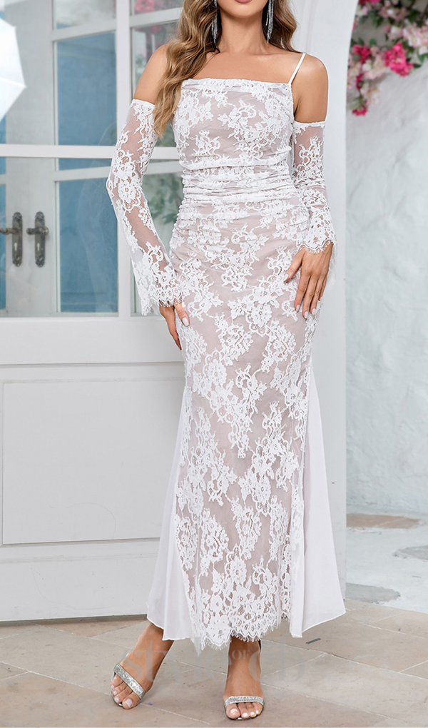 LONG SLEEVE DRAPED LACE MAXI DRESS IN WHITE