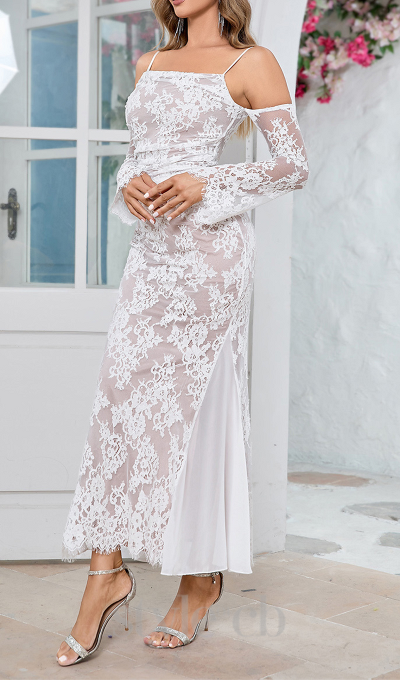 LONG SLEEVE DRAPED LACE MAXI DRESS IN WHITE