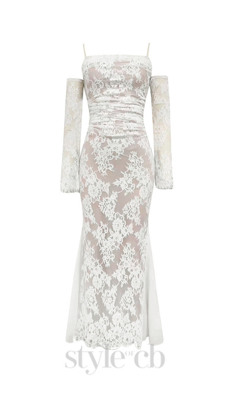 LONG SLEEVE DRAPED LACE MAXI DRESS IN WHITE