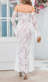 LONG SLEEVE DRAPED LACE MAXI DRESS IN WHITE