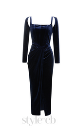 STRUCTURED DRAPED VELVET MAXI DRESS IN BLUE