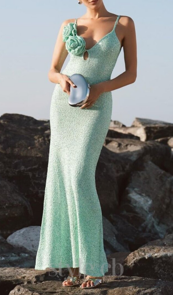 TEAL FLORAL EMBELLISHED BODYCON SEQUIN MAXI DRESS