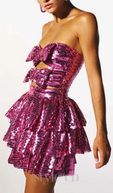 ROSE RED SEQUINS CUT OUT RUFFLED MINI DRESS