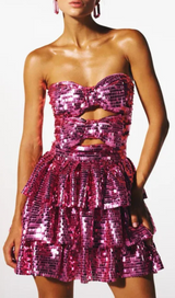 ROSE RED SEQUINS CUT OUT RUFFLED MINI DRESS