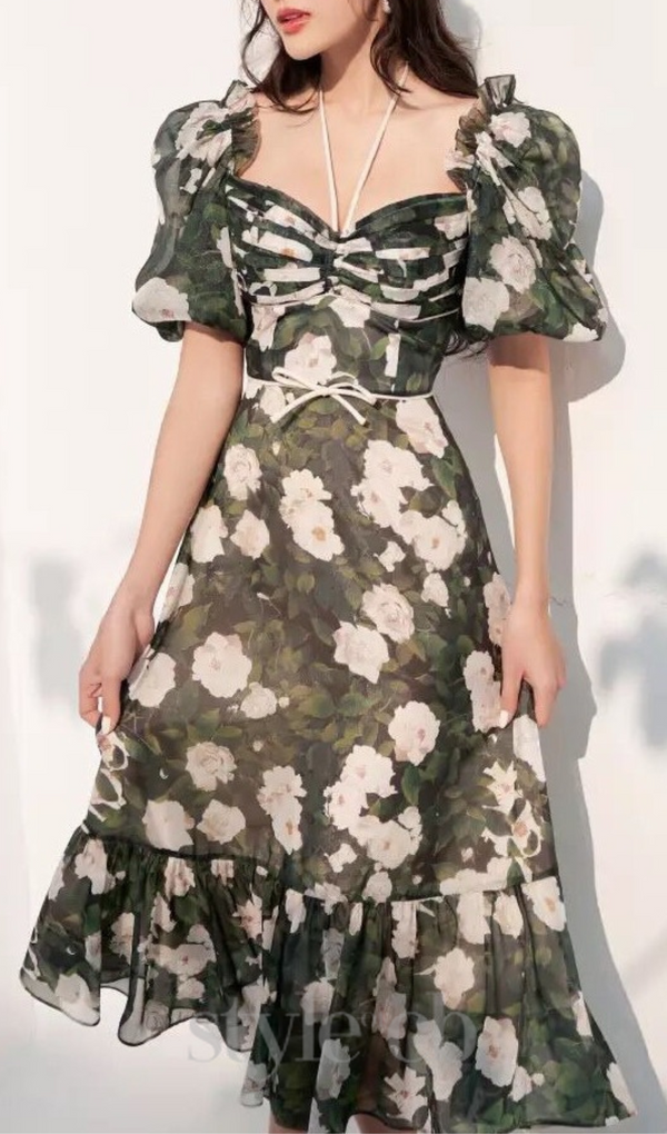 PUFF SLEEVE FLORAL PRINTED MIDI DRESS IN GREEN