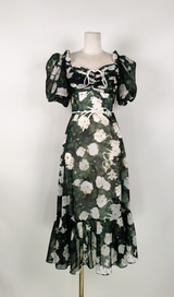 PUFF SLEEVE FLORAL PRINTED MIDI DRESS IN GREEN