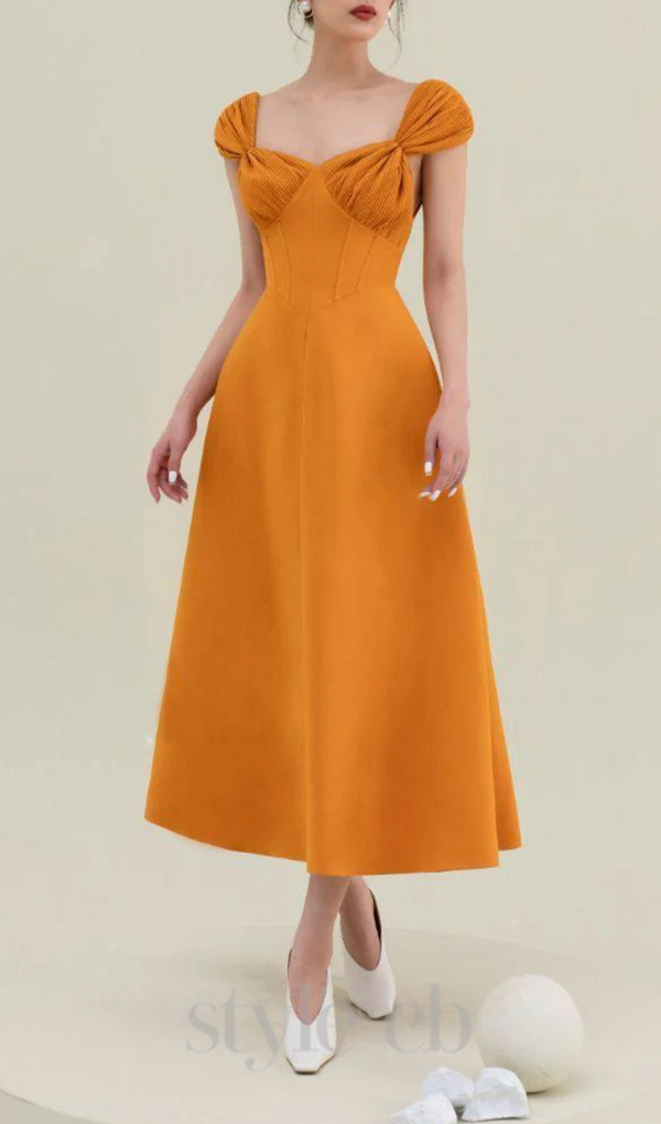 YELLOW KNOTTED A-LINE MIDI DRESS