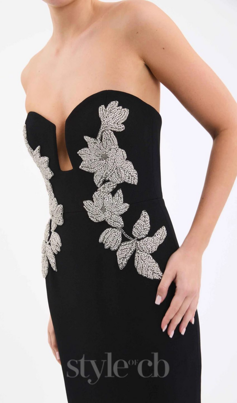 DIAMANTE EMBELLISHED CREPE BLACK GOWN