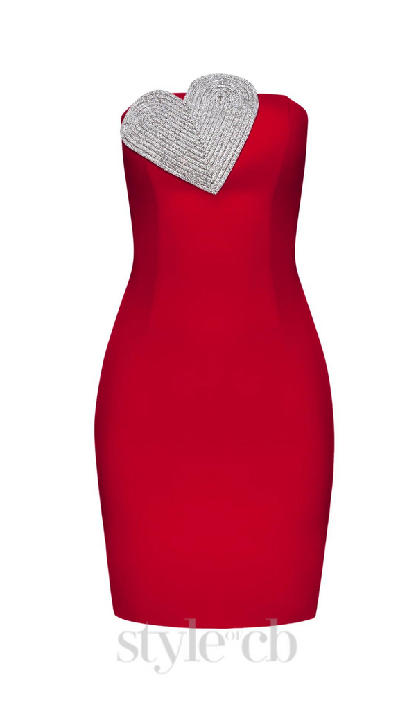 HEART-EMBELLISHED STRAPLESS MINI DRESS IN RED