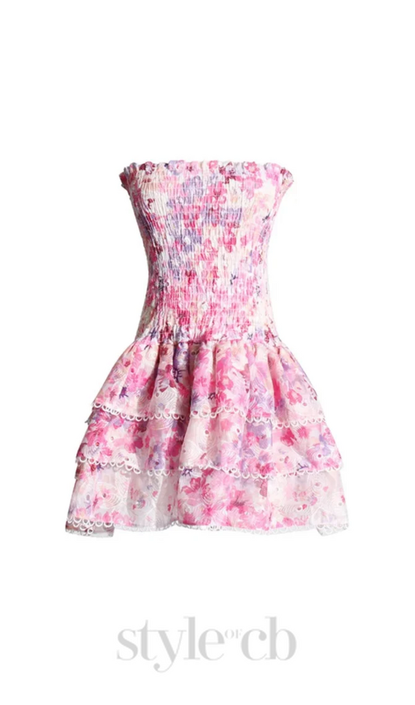 PINK FLORAL RUCHED STRAPLESS MINI DRESS