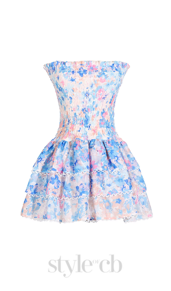 BLUE FLORAL RUCHED STRAPLESS MINI DRESS