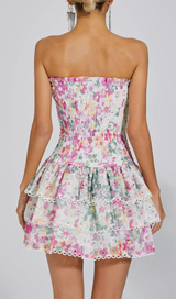 WHITE FLORAL RUCHED STRAPLESS MINI DRESS