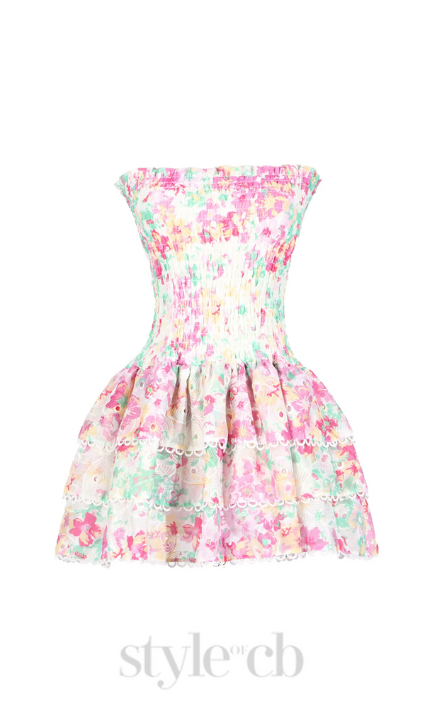 WHITE FLORAL RUCHED STRAPLESS MINI DRESS