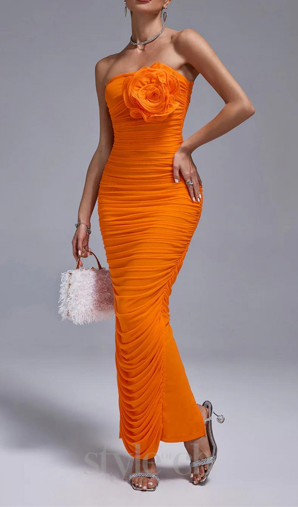 ORANGE OPEN BACK RUCHED FLOWER BODYCON MAXI DRESS
