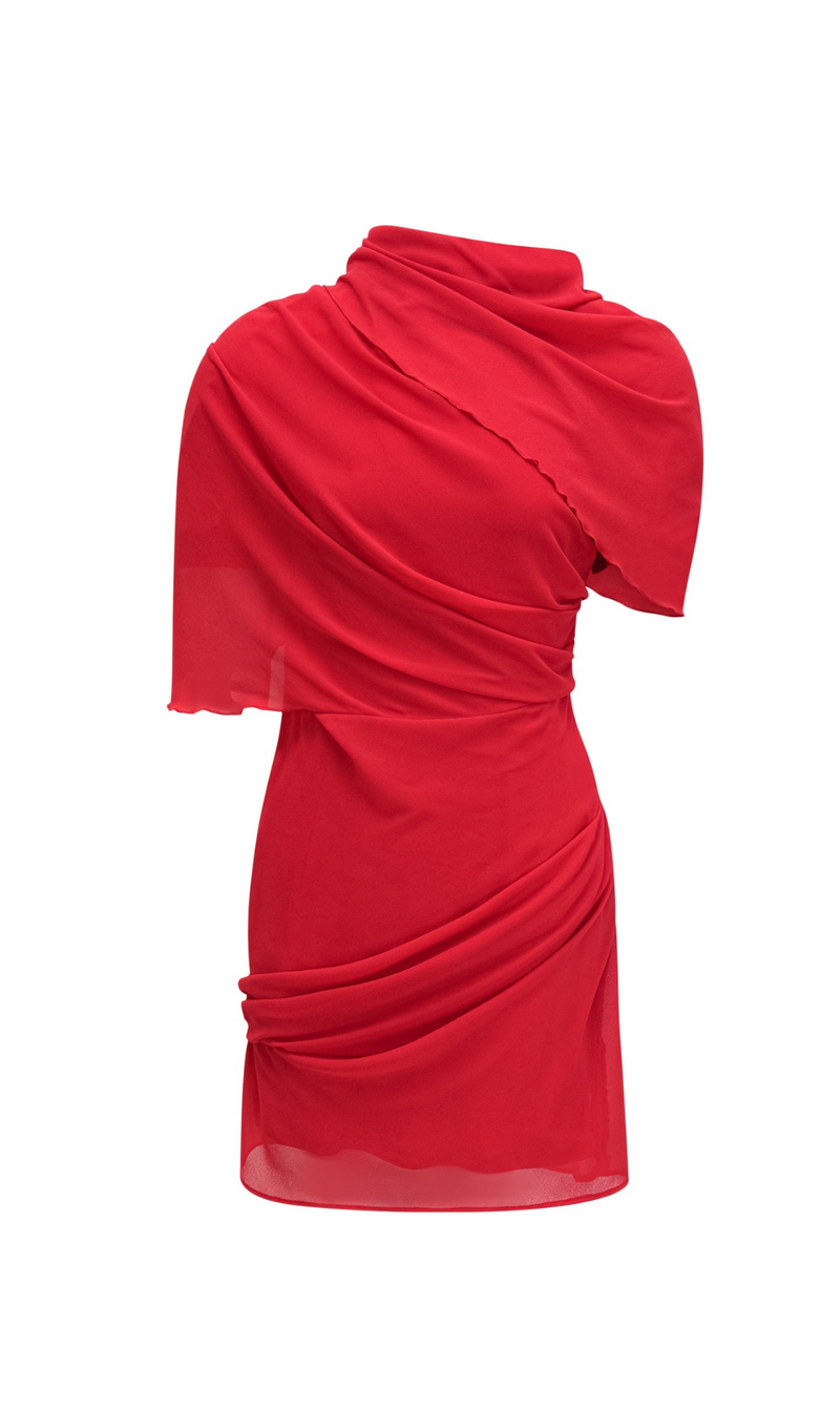 CLARABELLE RUCHED DRAPED MINI DRESS IN RED