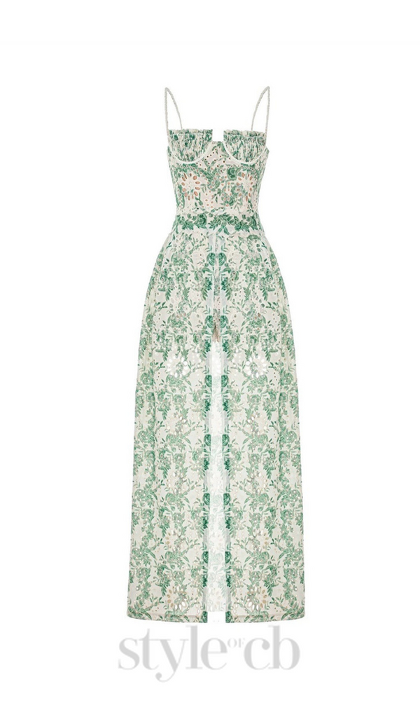FLORAL PRINTED THIGH SLIT MIDI DRESS IN GREEN