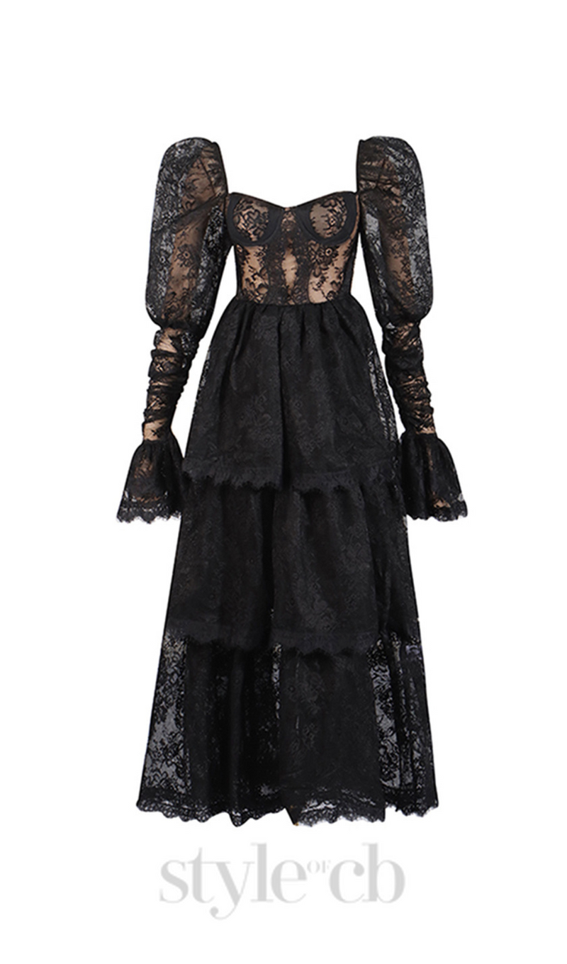 PUFF SLEEVE LACE MAXI DRESS IN BLACK