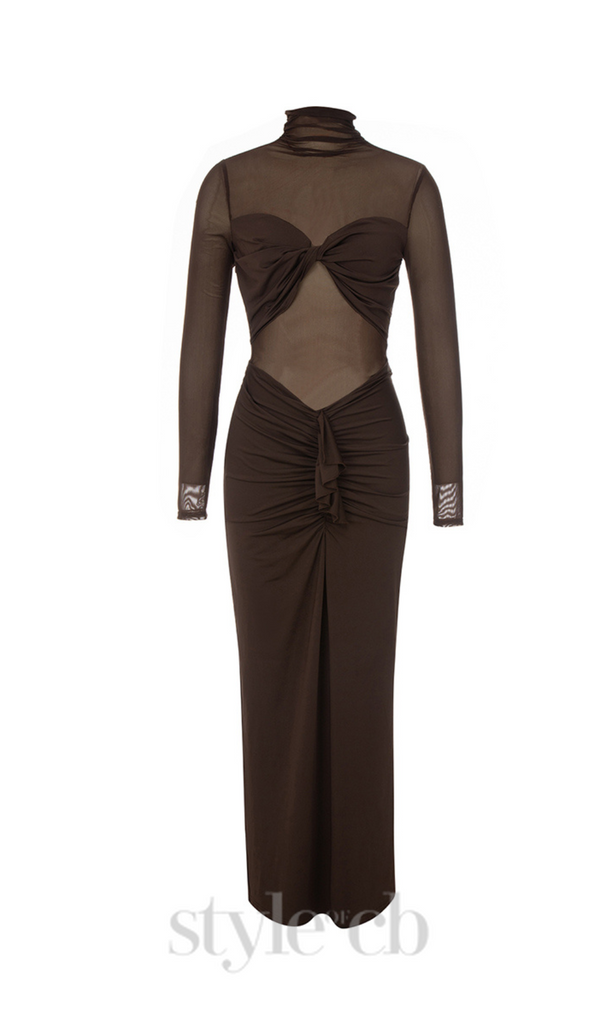 SHEER RUCHED MAXI DRESS IN BROWN