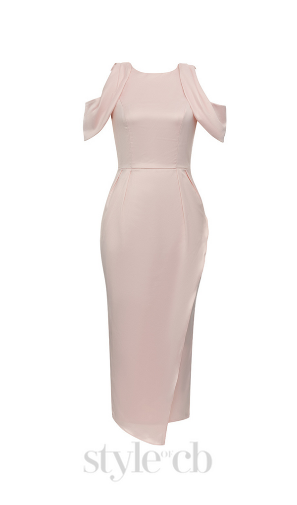 BODYCON SATIN RUCH MIDI DRESS IN PALE PINK