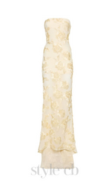 EMBROIDERED STRAPLESS GOWN IN APRICOT