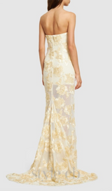 EMBROIDERED STRAPLESS GOWN IN APRICOT