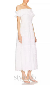 RUFFLE NECKLINE HIGH SPLIT MIDI DRESS IN WHITE