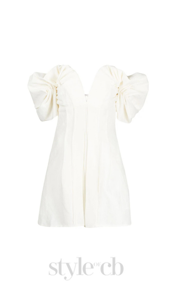 RUFFLED OFF-SHOULDER MINI SILK DRESS IN WHITE