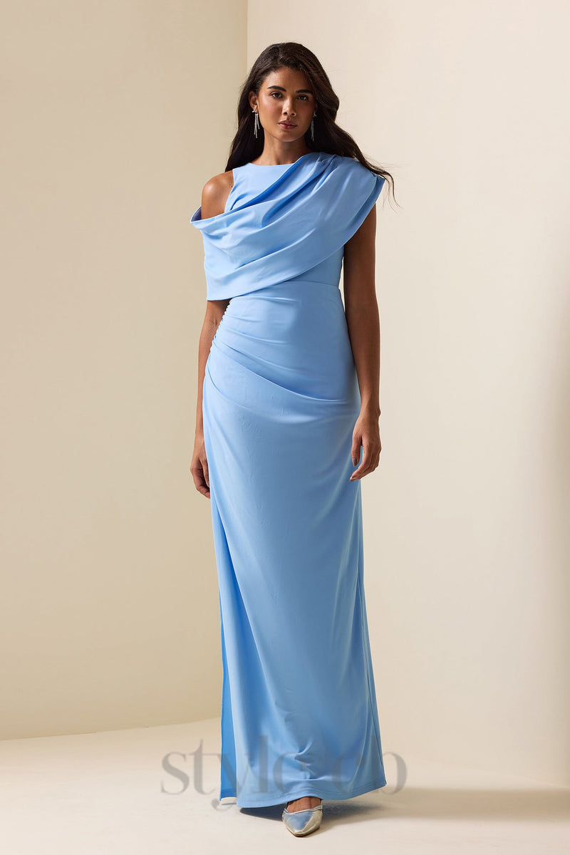 CASI SIDE-SLIT DRAPED JERSEY GOWN IN BLUE