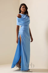 CASI SIDE-SLIT DRAPED JERSEY GOWN IN BLUE