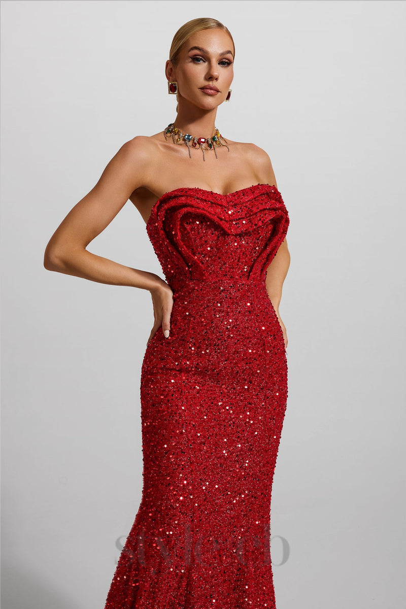 HELOISE RED SEQUIN STRAPLESS LARGE HEMLINE MAXI DRESS