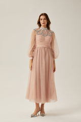 Calixte pink embellished tulle midi dress