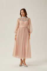 Calixte pink embellished tulle midi dress